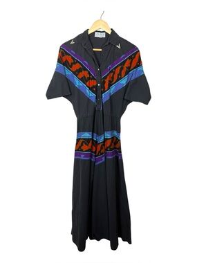 Vintage Lilia Smitty Western Midi Dress Southwest Embroidered Shirt Dress M/L
